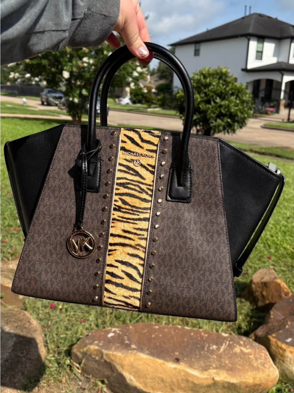 Michael Kors Brown & Black Satchel with Yellow Tiger Stripe